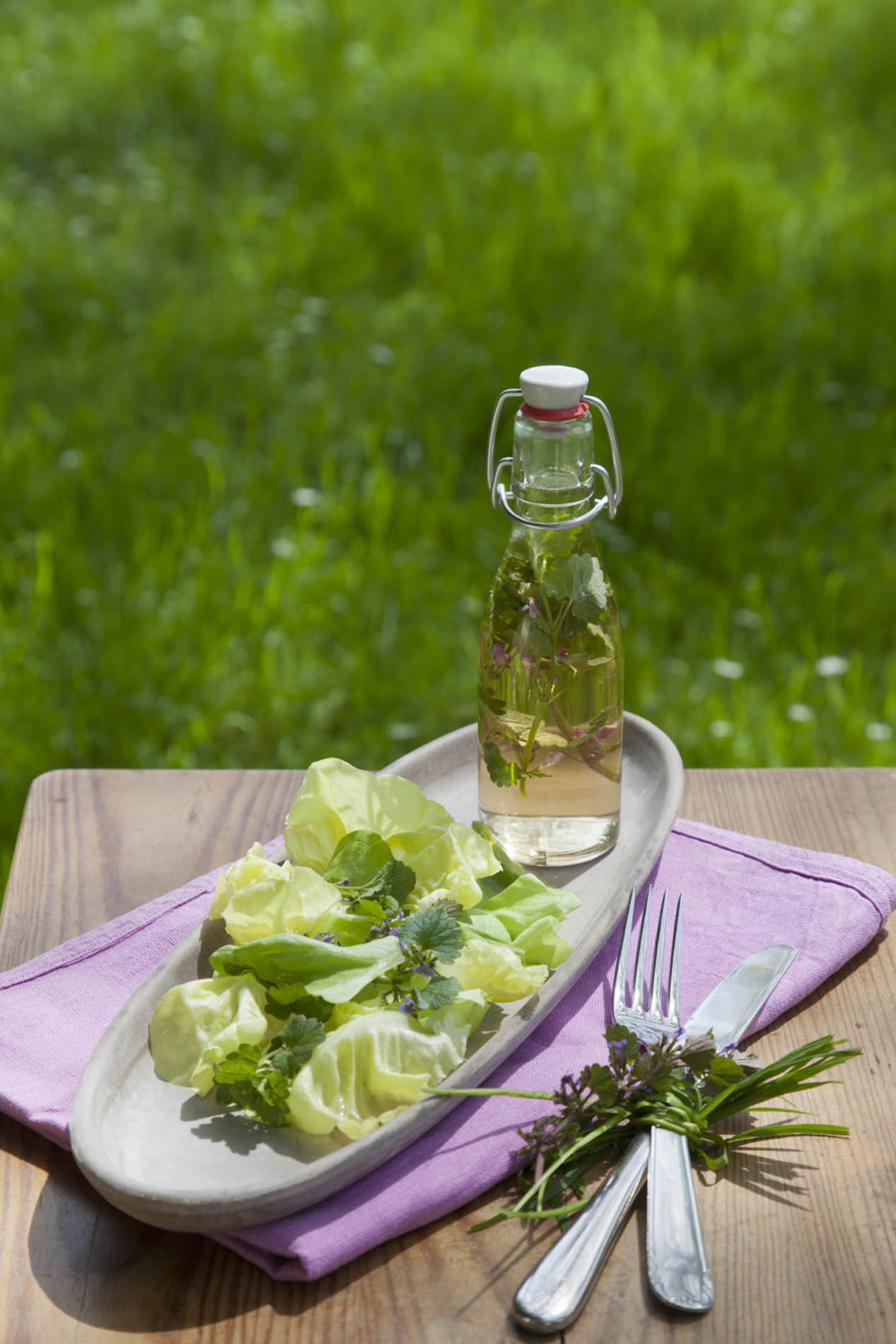 Flasche im Freien mit Kräutersaft